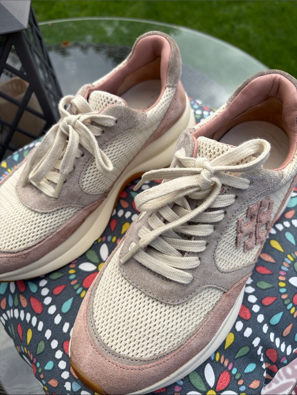Tory Burch Cream and Pink Suede Mesh Platform Sneakers